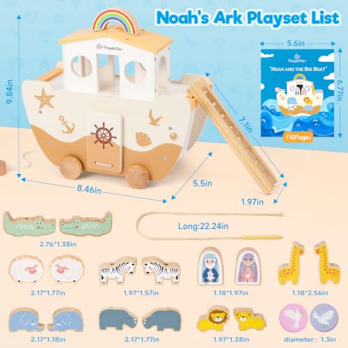 SIMPLIPLAY Wooden Noah's Ark Toy with Animal Shape Sorter & Story Book