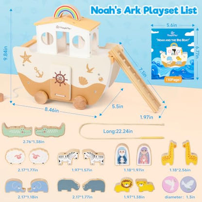 SIMPLIPLAY Wooden Noah's Ark Toy with Animal Shape Sorter & Story Book