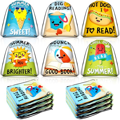 24 Pcs Summer Reading Drawstring Backpack Beach Drawstring Bags Large I Love Reading Book String Bag Kids Summer End of The Year Back to School Party Favors Supplies Gifts - style: Summer Reading