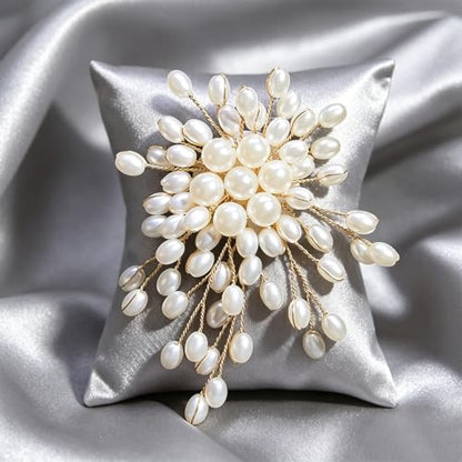 Large White Oval Pearl Floral Beads Brooches Pin for Women Statement Dainty