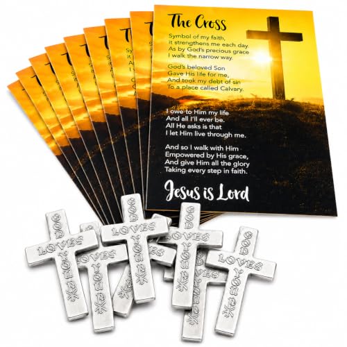 God Loves You Metal Pocket Cross with Holy Card USA Made Gift Set, 10 Pack