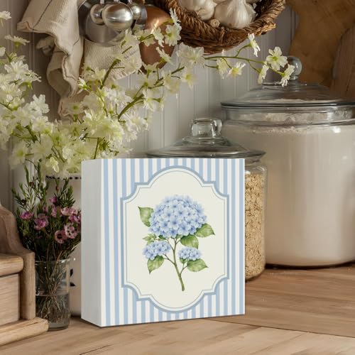 Blue Hydrangea Wooden Sign, Preppy Floral Wood Box Sign, - color: Flower-Hydrangea