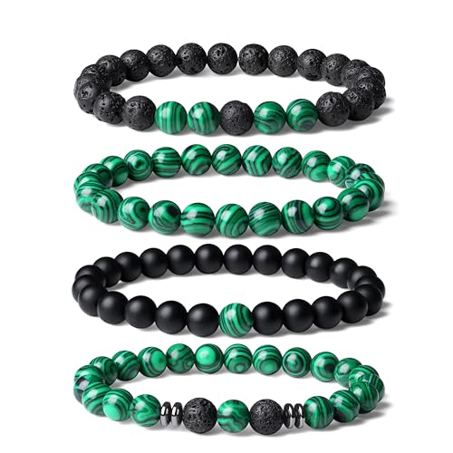 Mens Beaded Bracelets, 8MM Beaded Bracelets for Men, Natural Tiger Eye Bead Bracelet, Stretch Elastic Beads Bracelets for Men - color: 4 volcanic malachite black