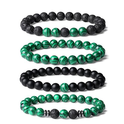 Mens Beaded Bracelets, 8MM Beaded Bracelets for Men, Natural Tiger Eye Bead Bracelet, Stretch Elastic Beads Bracelets for Men - color: 4 volcanic malachite black