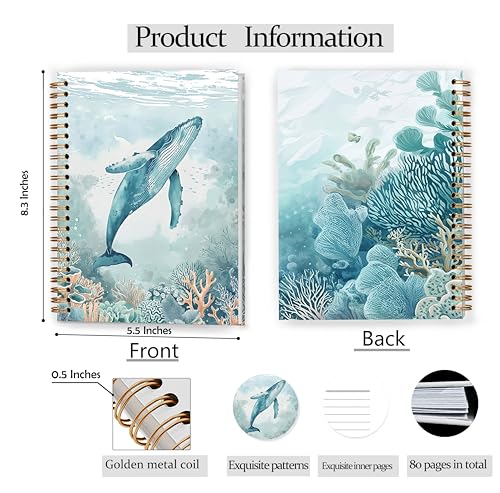 GDJIEGBC Teal Whale Ocean Beach Notebook, Coastal Beachy Journal for Women, Beach Themed Gifts, Marine Biology Gifts, Watercolor Whale Marine Life Spiral Notebook Journal 5.5x8.3 - color: Color 03
