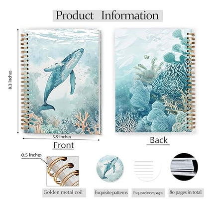 GDJIEGBC Teal Whale Ocean Beach Notebook, Coastal Beachy Journal for Women, Beach Themed Gifts, Marine Biology Gifts, Watercolor Whale Marine Life Spiral Notebook Journal 5.5x8.3 - color: Color 03