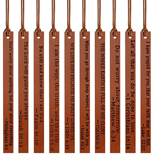 Laumoi 10 Pcs Christian Leather Bookmarks, Handmade Bible Verses Scripture Bookmarks for Women & Men, Religious Christian Gifts for Book Lovers, Church & Book Club Supplies(Elegant, Brown) - color: Brown