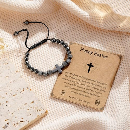 Cross Bracelet for Boys Teens, Adjustable Obsidian Beads Bracelets Christian Religious Jewelry Gifts for Teen Teenage Boys - style: Happy Easter