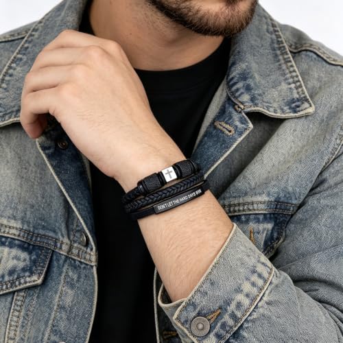 Leather Cross Bracelet for Men, Inspirational Christian Bracelet - color: DON'T LET THE HARD DAYS WIN