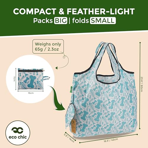 ECO CHIC Foldable Reusable Large Recycled Grocery Bags Lightweight Shopping Tote Bags with Storage Pouch - Collection of 4 bags - color: Cute