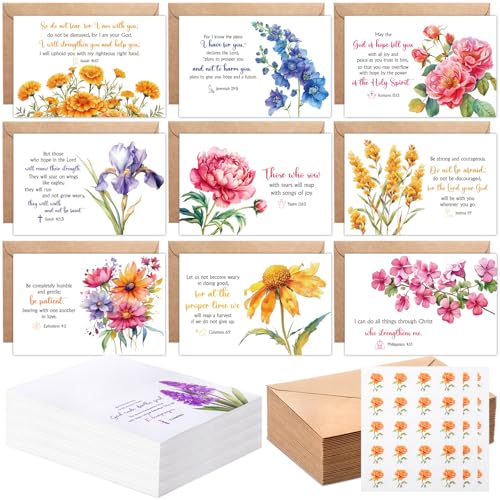 50 Sets Floral Christian Greeting Cards Bulk with Envelopes Stickers Mothers Day Scripture Cards with Bible Verses Inspirational Religious Thinking of You Card for Women Church Blessing Gift - style: Floral