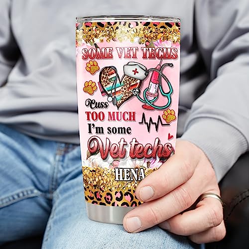 Personalized Vet Tech Tumbler With Lid Leopard Stethoscope Medical Veterinarian Travel Coffee Mug Cup Stainless Steel Gifts For Girls Women Cute Veterinary School Graduation - color: Vet