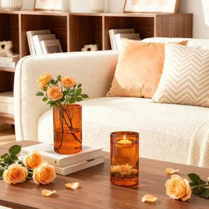 TBWIND 12pcs 6 Inch Amber Glass Cylinder Vases for Centerpieces - size: 12 Pack 6 Inch - Amber