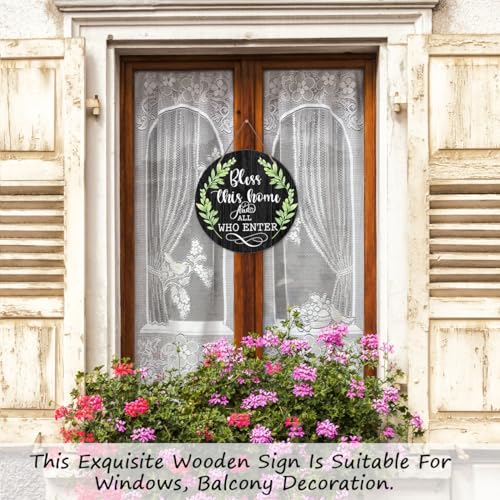Welcome Door Sign, Greenery Wooden Round Decorative Wall Plaque, Bless This Home And All Who Enter, Christian Farmhouse Porch Yard Hanging Sign, 10 x 10 Inch, Wood