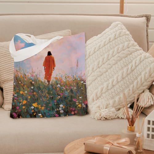 kunlisa Christian Tote Bag for Women, Christian Gifts for Women Faith Canvas Tote Bag - color: Jesus Was Among the Flowers
