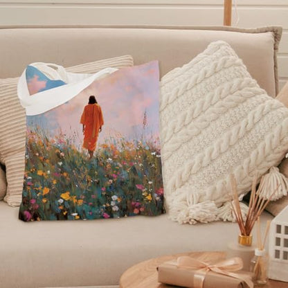 kunlisa Christian Tote Bag for Women, Christian Gifts for Women Faith Canvas Tote Bag - color: Jesus Was Among the Flowers