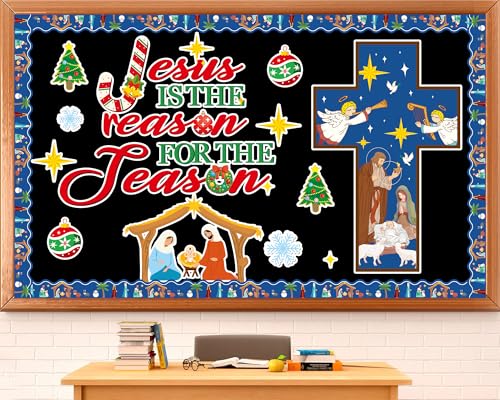 Christian Bulletin Board Decorations Jesus is The Reason for The Season Classroom Cutouts Christmas Nativity Religious Paper Decors for Xmas Holiday Sunday Church Chalkboard Wall Decor Supplies - style: Jesus is The Reason