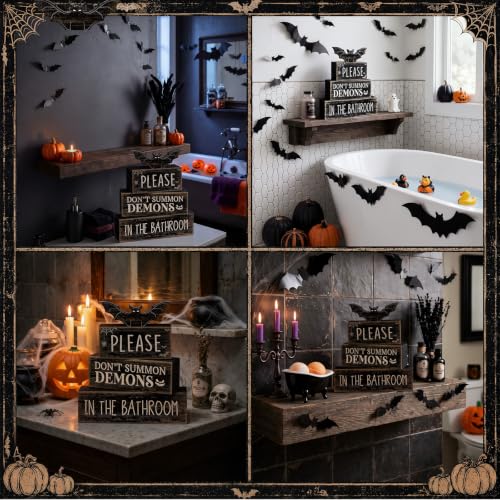 Moucuny 4 Pcs Halloween Table Decoration Gothic Bat Wooden Stacked Blocks - style: Bat & Demon