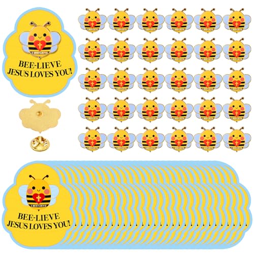 Quelay 30 Sets Bee-lieve Jesus Loves You Pins on Card Bulk Christian Bee Pins with Card Religious Bible Gifts for Sunday School Church Gifts Classroom Home Party Supplies - style: Bee-lieve