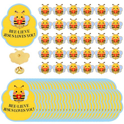Quelay 30 Sets Bee-lieve Jesus Loves You Pins on Card Bulk Christian Bee Pins with Card Religious Bible Gifts for Sunday School Church Gifts Classroom Home Party Supplies - style: Bee-lieve