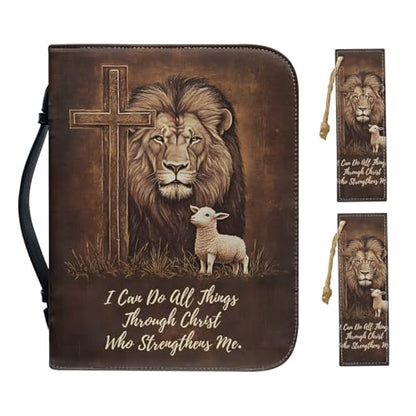 Faux Leather Bible Cover Church Bible Bag with 2 Pcs Bookmarks Brown Cross Lion Lamb Print Book Covers Carrying Bible Case with Zippered Pockets for Prayer, XL - color: Brown Cross Lion Lamb, size: X-Large