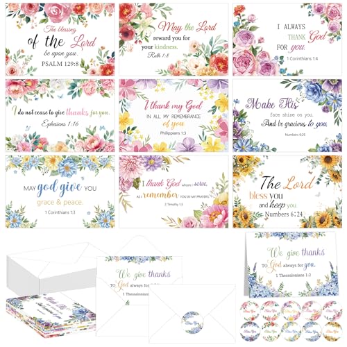 IANFEPH 50 Pack Religious Christian Thank You Cards with Envelopes Stickers 4x6 Inch Floral Baptism Blank Inside Notes 10 Designs Bible Verse Greeting Cards for Wedding Communion Baby Shower