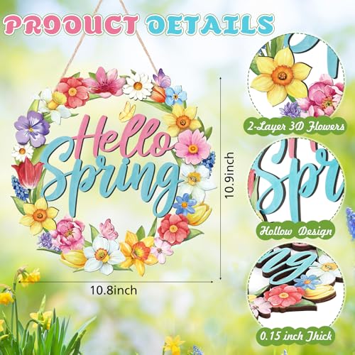 Yalikop Hello Spring Door Sign Door Wreath Wooden Spring Decor Sign Hollow Flower Welcome Hanging Signs Rustic Farmhouse Wall Plaque for Home Room Bedroom Indoor Outdoor Decorations - style: Hello Spring