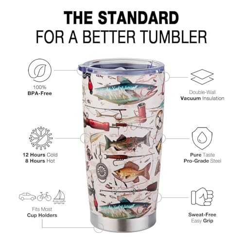 Fishing Gifts for Men, Fishermen - Fish Travel Coffee Mug Cup, Birthday Valentines Fathers Day Christmas Gift for Dad, Husband, Son, Boys, Grandpa, Uncle, Boss - 20oz Stainless Steel Insulated Tumbler - color: Fishing