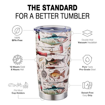 Fishing Gifts for Men, Fishermen - Fish Travel Coffee Mug Cup, Birthday Valentines Fathers Day Christmas Gift for Dad, Husband, Son, Boys, Grandpa, Uncle, Boss - 20oz Stainless Steel Insulated Tumbler - color: Fishing