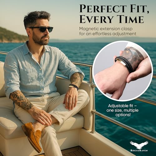 RogueRaven Black Leather Bracelet for Men – Premium Collection – Brown Black Gold Silver | Genuine Leather Mens Bracelet with Stainless Steel Clasp [Adjustable] | In Luxury Gift Box - color: black gold