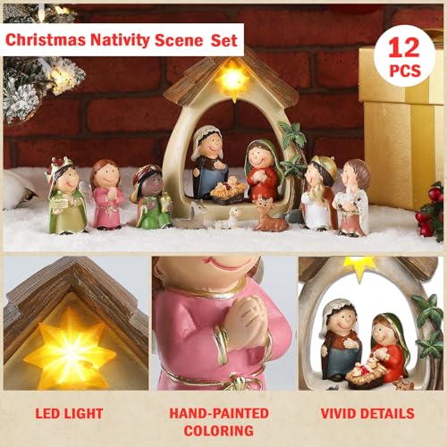 Nativity Set & Figures, 12 Pieces Small Christmas Nativity Scene with LED Light Resin Lighted Tabletop Nativity Indoor Decor Includes 1 Manger and 11 Figurine (Mini Figure)