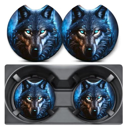 2 Pack Blue Flame Wolf Car Coasters Cup Holder,Neoprene Anti Slip Mat - color: Blue Flame Wolf