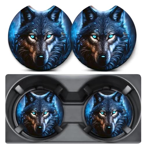 2 Pack Blue Flame Wolf Car Coasters Cup Holder,Neoprene Anti Slip Mat - color: Blue Flame Wolf