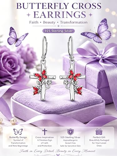 Butterfly Earrings for Women 925 Sterling Silver Birthstone Butterfly Cross Rose Dangle Earrings Elegant Butterfly's Jewelry Gift for Birthday Valentines Day Christmas - color: 1-January