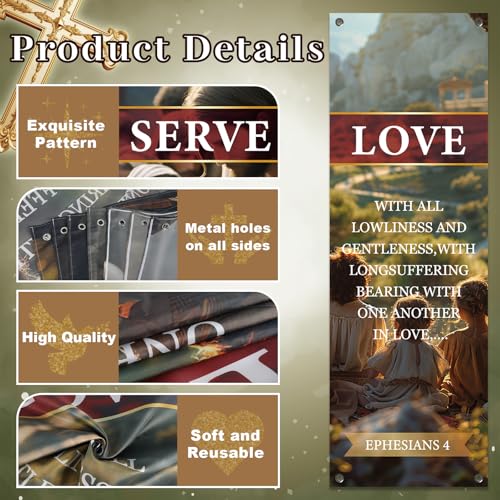 4Pcs Spring Church Banners for Sanctuary Wall Welcome Religious Banner Hanging Backdrop Yellow Serve Grow Love Pray Signs Bible Verses Scripture Church Hanging Signs for Sunday School Decor - style: Serve Grow Love Pray