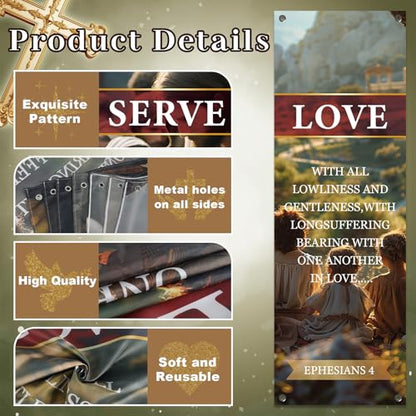 4Pcs Spring Church Banners for Sanctuary Wall Welcome Religious Banner Hanging Backdrop Yellow Serve Grow Love Pray Signs Bible Verses Scripture Church Hanging Signs for Sunday School Decor - style: Serve Grow Love Pray