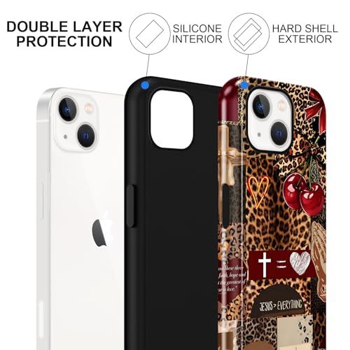 for iPhone 15 6.1'' Brown Cheetah Christian Phone Case - color: Red Cherry Leopard Collage, size: iPhone 15