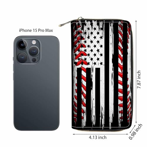 American Flag Baseball Background Print Wallet for Women Large Capacity Wallet Credit Card Holder PU Leather Zipper Clutch Purse Phone Wallet - color: American Flag Baseball Background