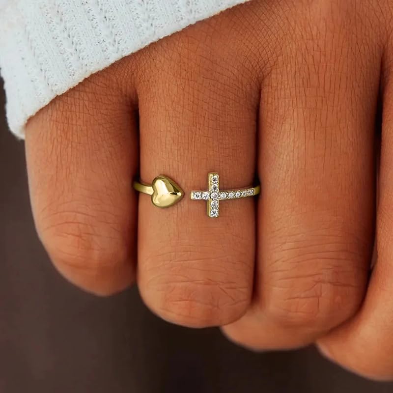 Cross Rings for Teen Girls Silver/Gold Heart Ring Cubic Zirconia Adjustable Ring Inspirational Pray Cross Heart Religious Christian Faith Jewelry Gifts for Her(Gold)10# - color: gold 10#