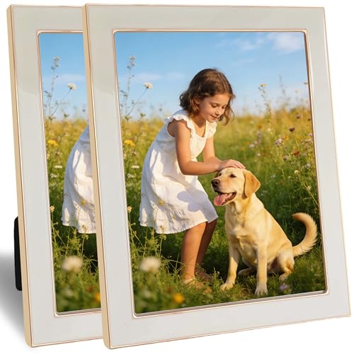 8x10 Enamel Picture Frame with Gold Metal Edge, Real Glass Photo Frames with Velvet Back, Horizontal and Vertical Display for Wall or Tabletop Desk Photo Gallery Decor (White, 2Pcs) - color: White, size: 8x10 (2 Pcs)