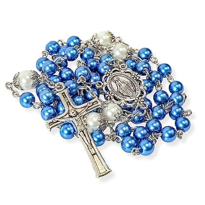 Nazareth Store Pearl Beads Rosary White Our Father Beaded Necklace Lourdes Medal & Cross Crucifix Spiritual Devotion - color: Blue