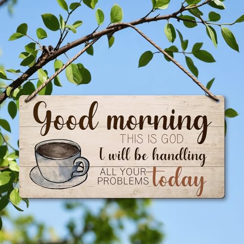 Hanging Wood Plaque with Rope, Inspirational Printed Wood Plaque Coffee Sign Hanging for Kitchen Cafe Door Office, Wall Art Home Decoration -Good Morning This is God -05 - style: Good Morning This is God