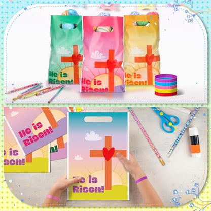 Ireer 180 Pcs Easter Party Favors He Is Risen Favors Set Includes 60 Pcs Plastic Easter Goody Bags 60 Pcs He Is Risen Silicone Wristband 60 Pcs Religious Pencils for Easter School Favors