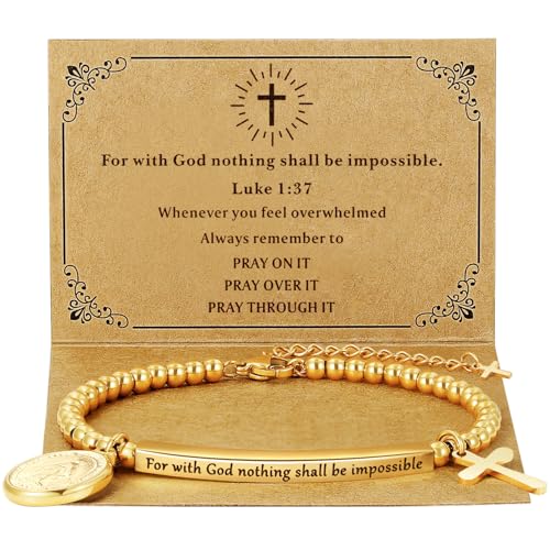 DS Women Christian Charm Bracelet,Cross Scripture Stainless Steel Jewelry - style: For with God nothing shall be impossible - Luke 1:37-Gold