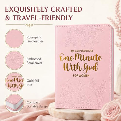 One Minute With God for Women, One Minute Daily Devotional Prayers & Reflections, Christian Prayer Journal with 365 Bible Verses, Pink Hardcover Gift for Mom, Wife, Daughter