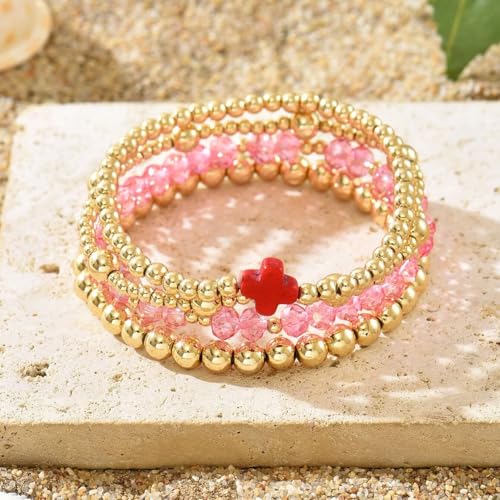 Colorful Cross Charm Bracelets for Women Men Adjustable Gold Plated Beaded Bracelet Boho Bead Ball Stretch Bracelet Birthday Summer Beach Jewelry - color: Red B