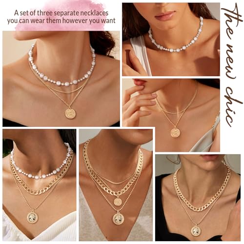 MJartoria Layered Necklaces for Women Trendy Retro Coin Pendant - color: Golden, style: Pearl-3PCS