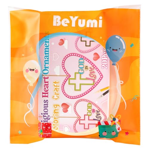 BeYumi Valentines Wooden Ornament Craft - 20Pcs Valentine's Day DIY Wooden GOD is Love Ornaments Craft Kit for Kids Make Your Own Religious Cross Decor with Gem Stickers Church School Party Supplies - style: Heart