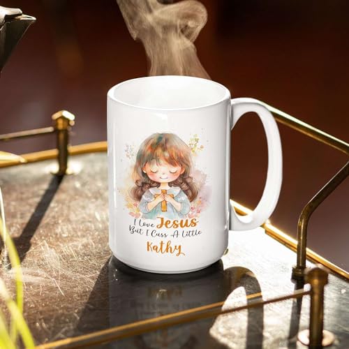 I Love Jesus Mug With Customized Name, Christian Faith Accent Cup 11oz 15oz, Custom Coffee Mug For Christian, Cute Girl Holding Cross Design Cup, Personalized Christian Themed Ceramic Mug - color: XUA-324-1552-I LOVE JESUS MUG