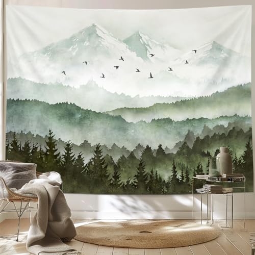 kampdream Mountain Forest Tapestry, Misty Foggy Watercolor Scenery Art Wall Tapestries, Nature Scenery Tapestry for Bedroom Living Room Backdrop Teal Blue 36x48 inch - color: Green forest1, size: 48"L x 36"W